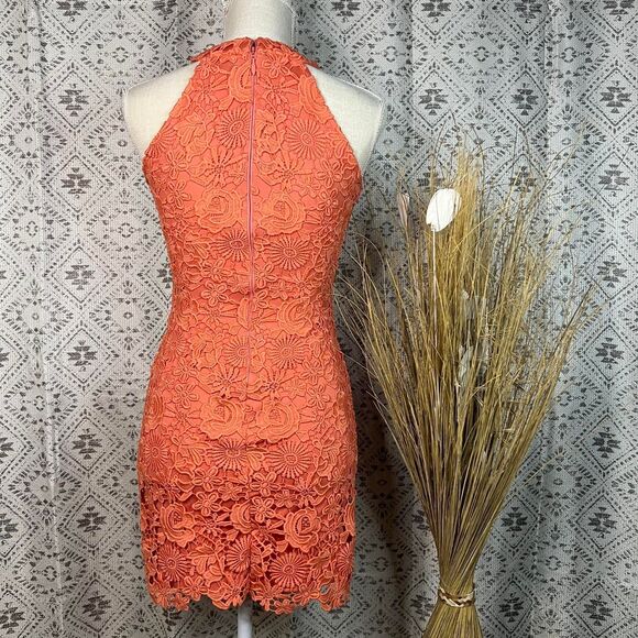 Lulus Orange Crochet Lace Halter Mini Dress Floral Overlay Bodycon Cocktail XS - Picture 4 of 6